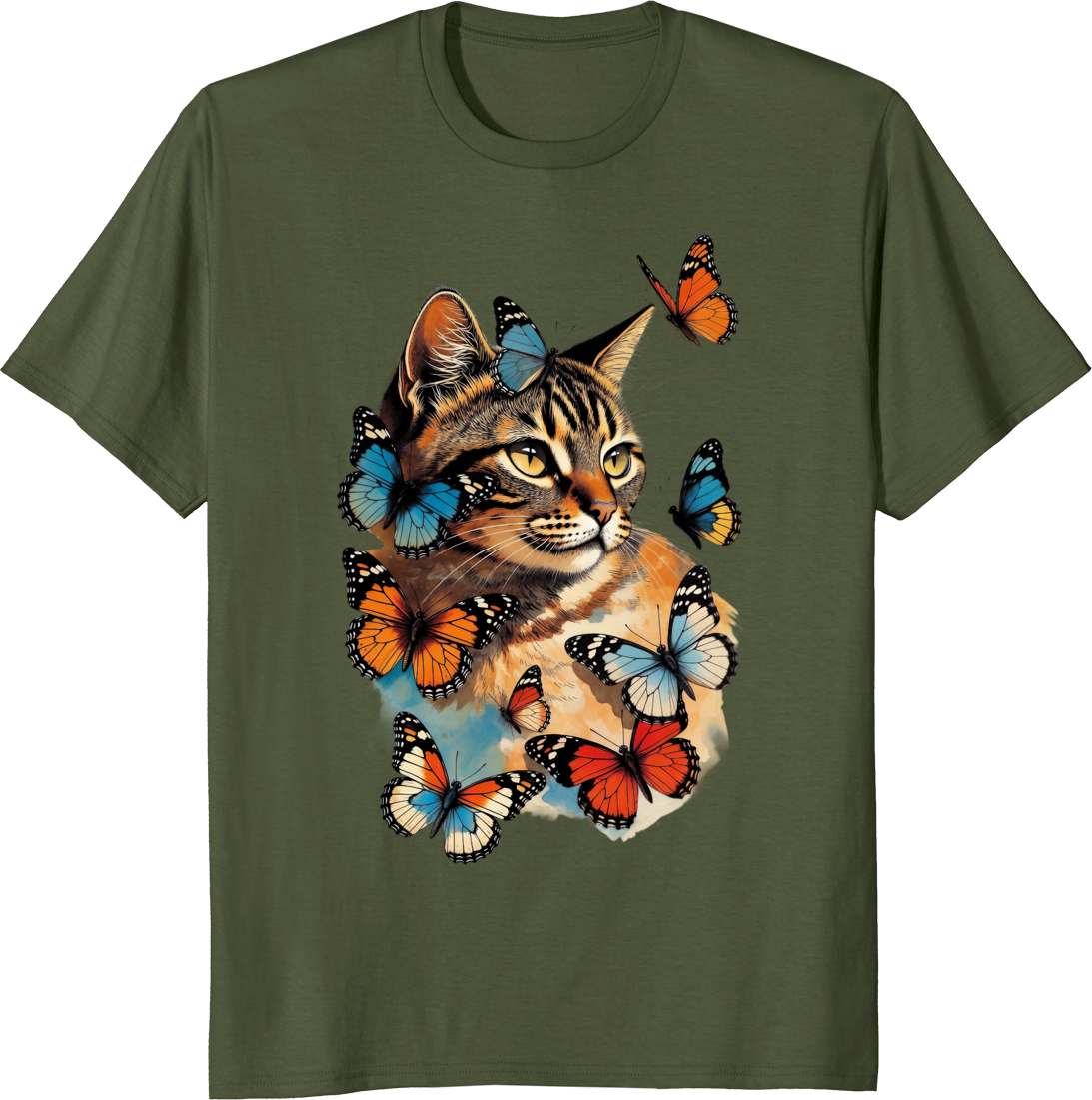 Funny cat with butterflies retro graphic on a t-shirt - olive