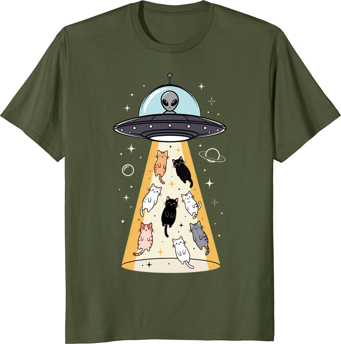Funny UFO and cats t-shirt with whimsical flying saucer and playful feline illustration. - olive