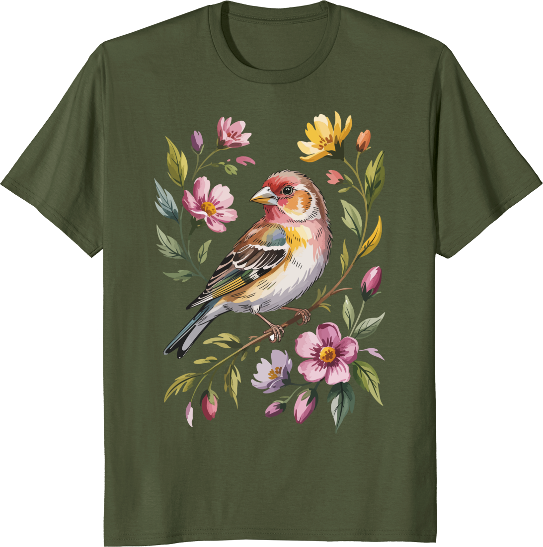 Cute bird graphic t-shirt with finch and flowers - olive