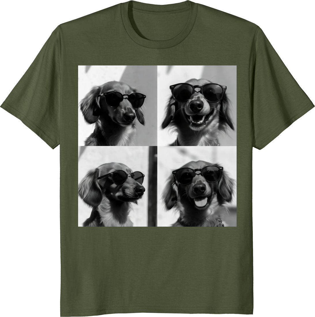 Unisex t-shirt featuring a Dachshund wearing sunglasses taking a selfie in a photobooth. - olive