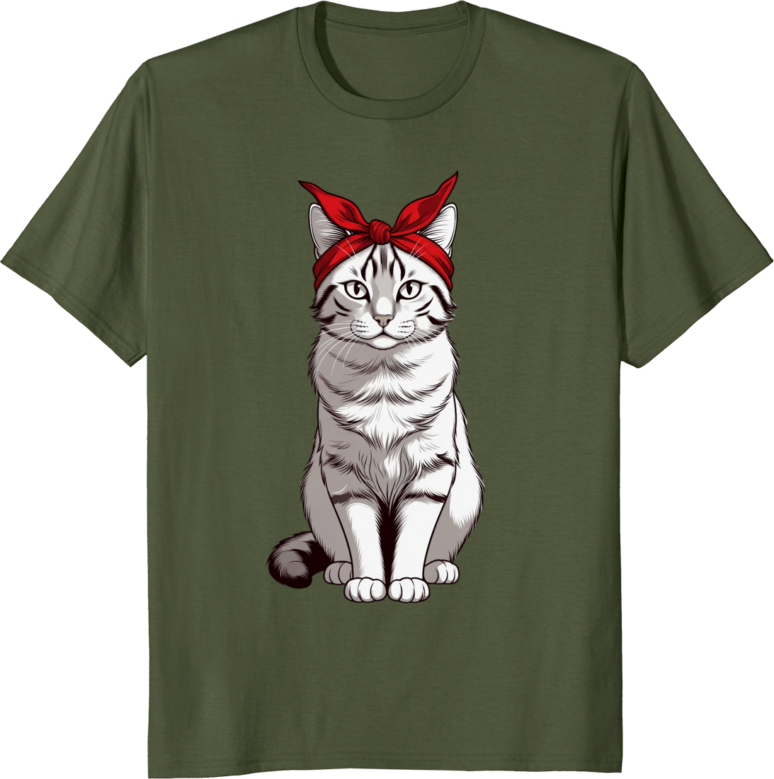 Funny cat wearing a bow bandana on a t-shirt - olive