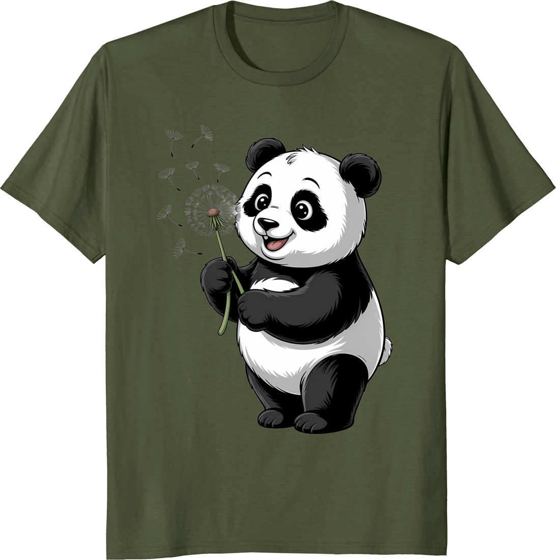 Cute panda holding a dandelion flower on a t-shirt - olive