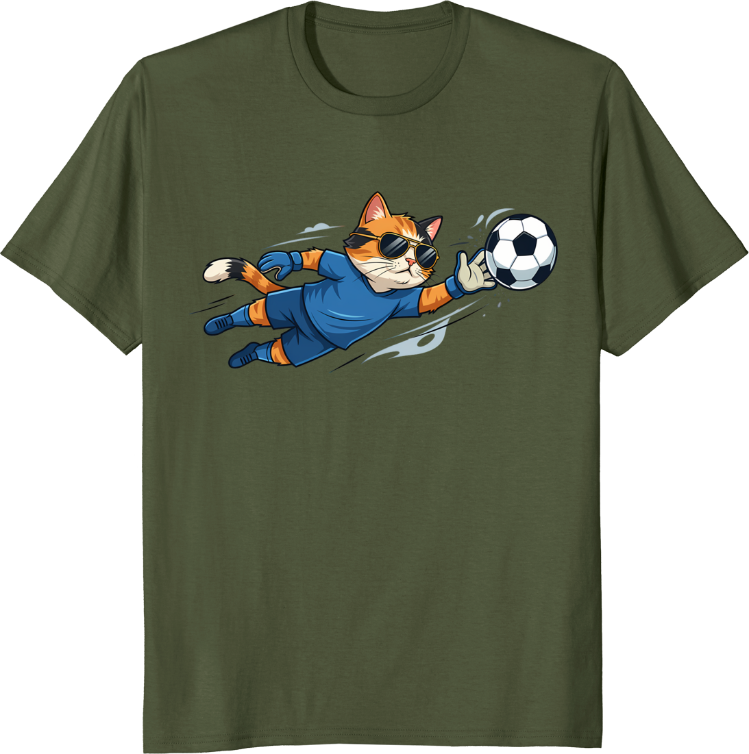 Cartoon cat wearing goalkeeper kit and sunglasses on a t-shirt - olive