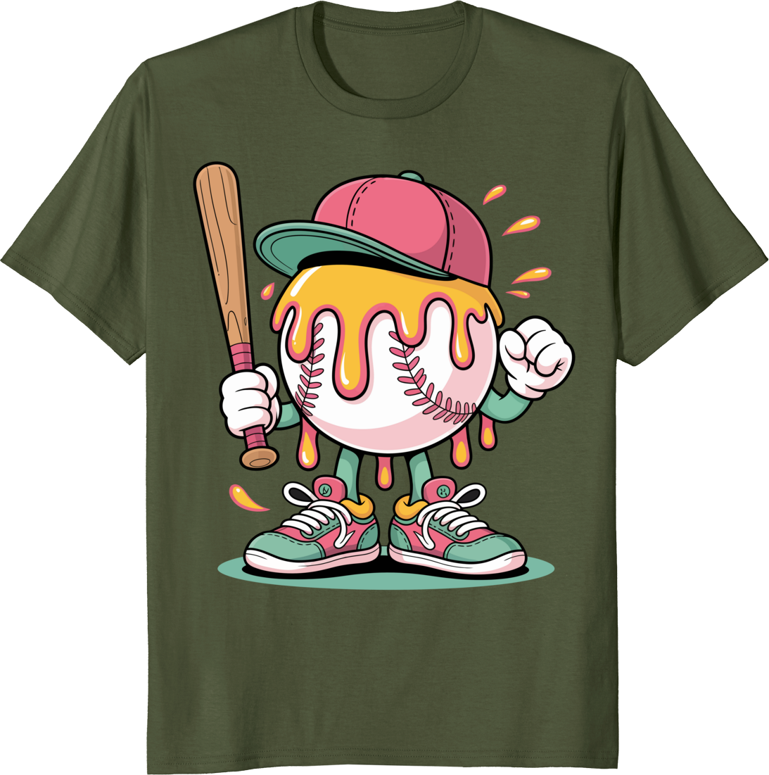 Funny ice cream drip baseball t-shirt design with baseball spots - olive