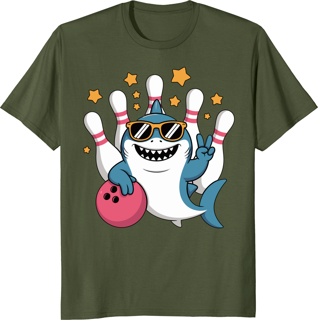 Funny shark bowling ball and pins on a t‑shirt - olive