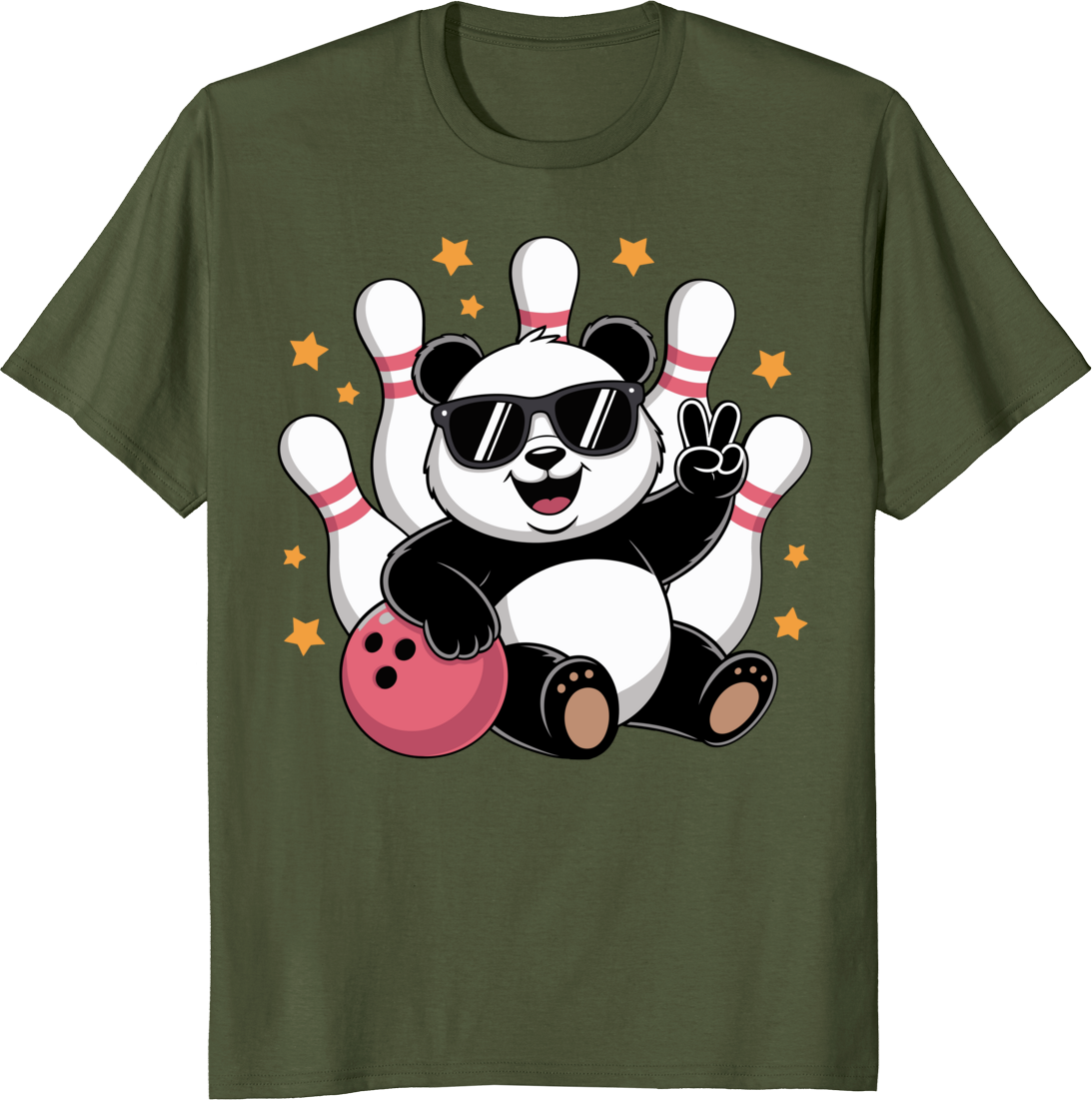Funny panda rolling a bowling ball on a t-shirt graphic - olive
