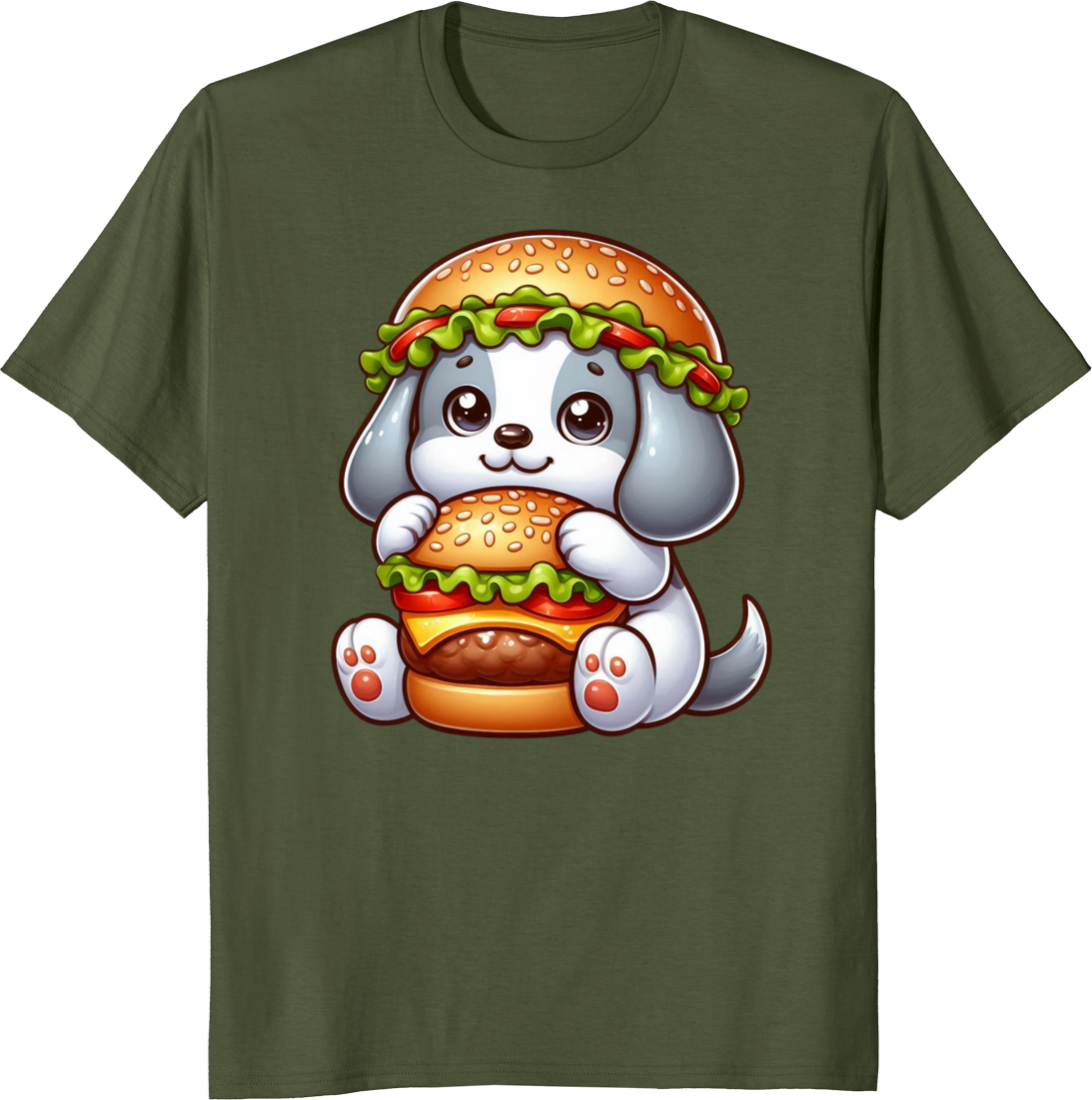 Cute dog eating a cheeseburger on a t-shirt - olive