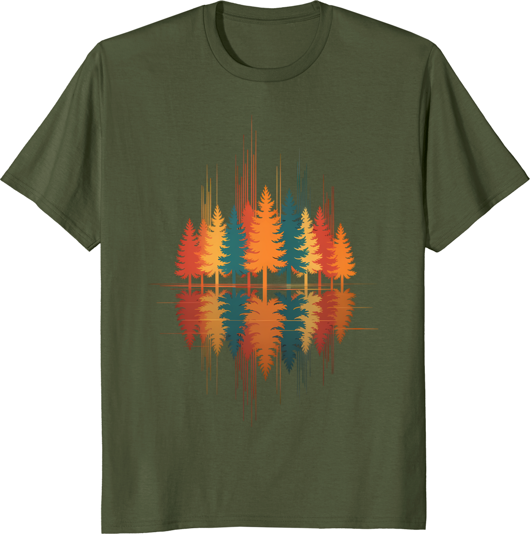 Retro pine forest graphic with lake reflection on a t-shirt - olive