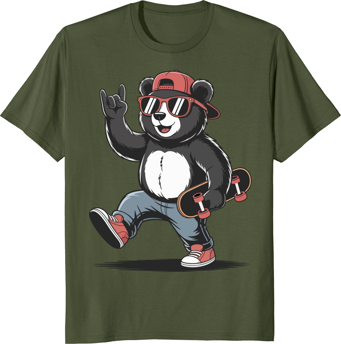Funny bear skateboarding t-shirt with bear riding a skateboard on a vibrant background - olive