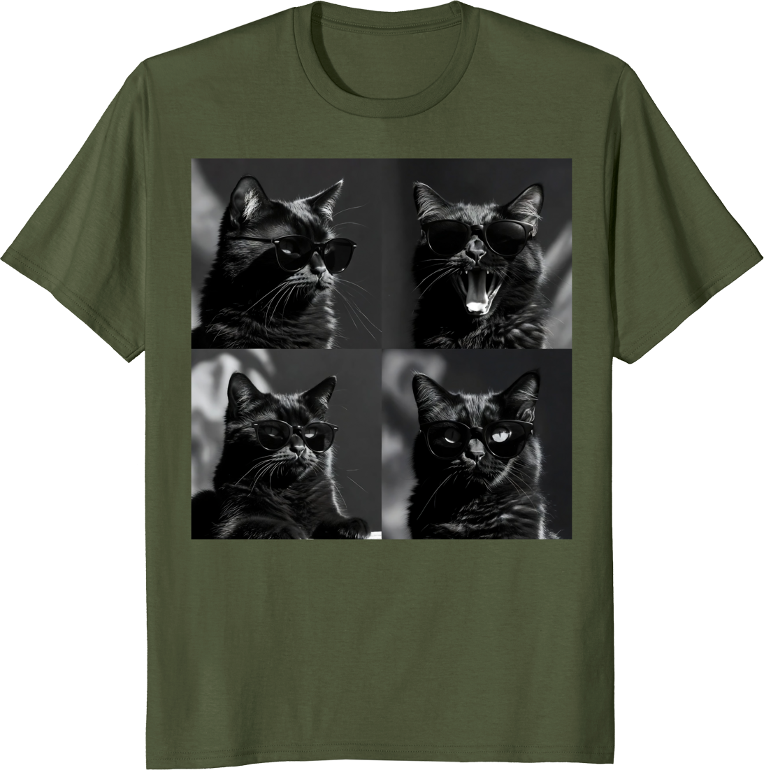 Funny cat photo strip selfie style t‑shirt with 4-panel design - olive