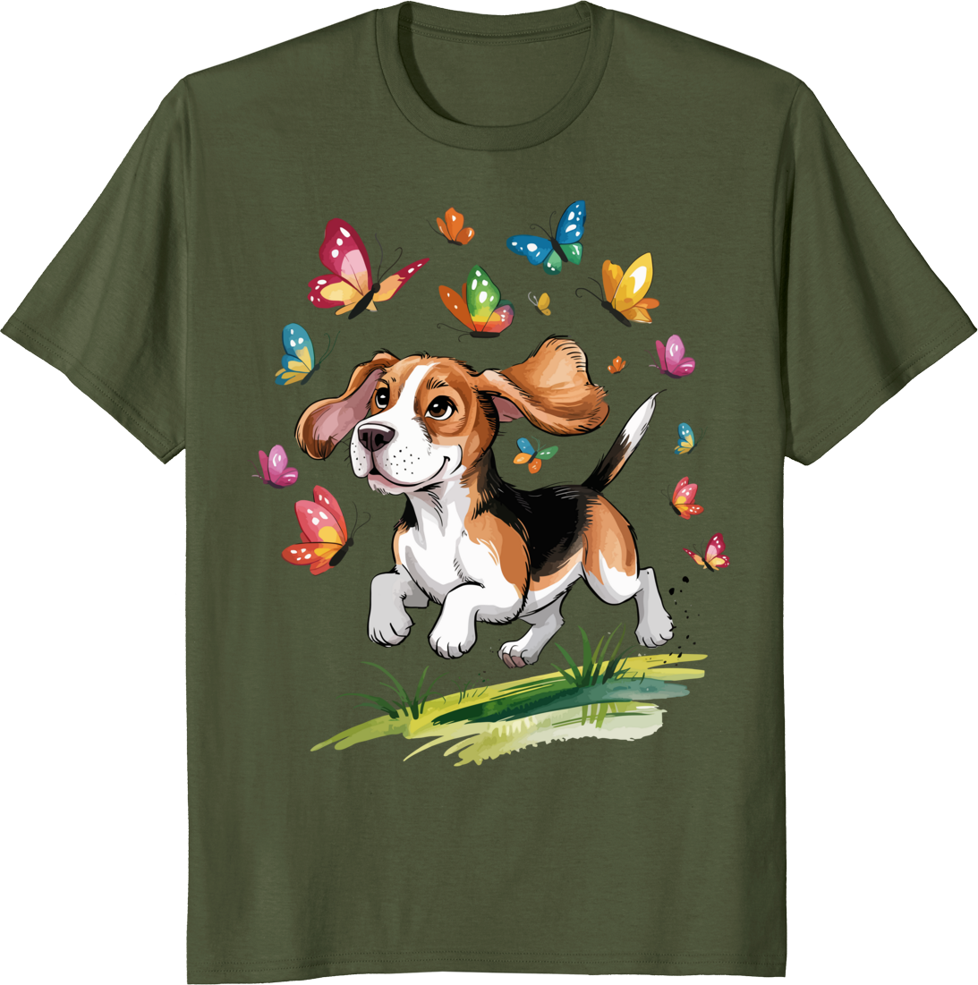 Funny beagle dog surrounded by butterflies on a t-shirt - olive