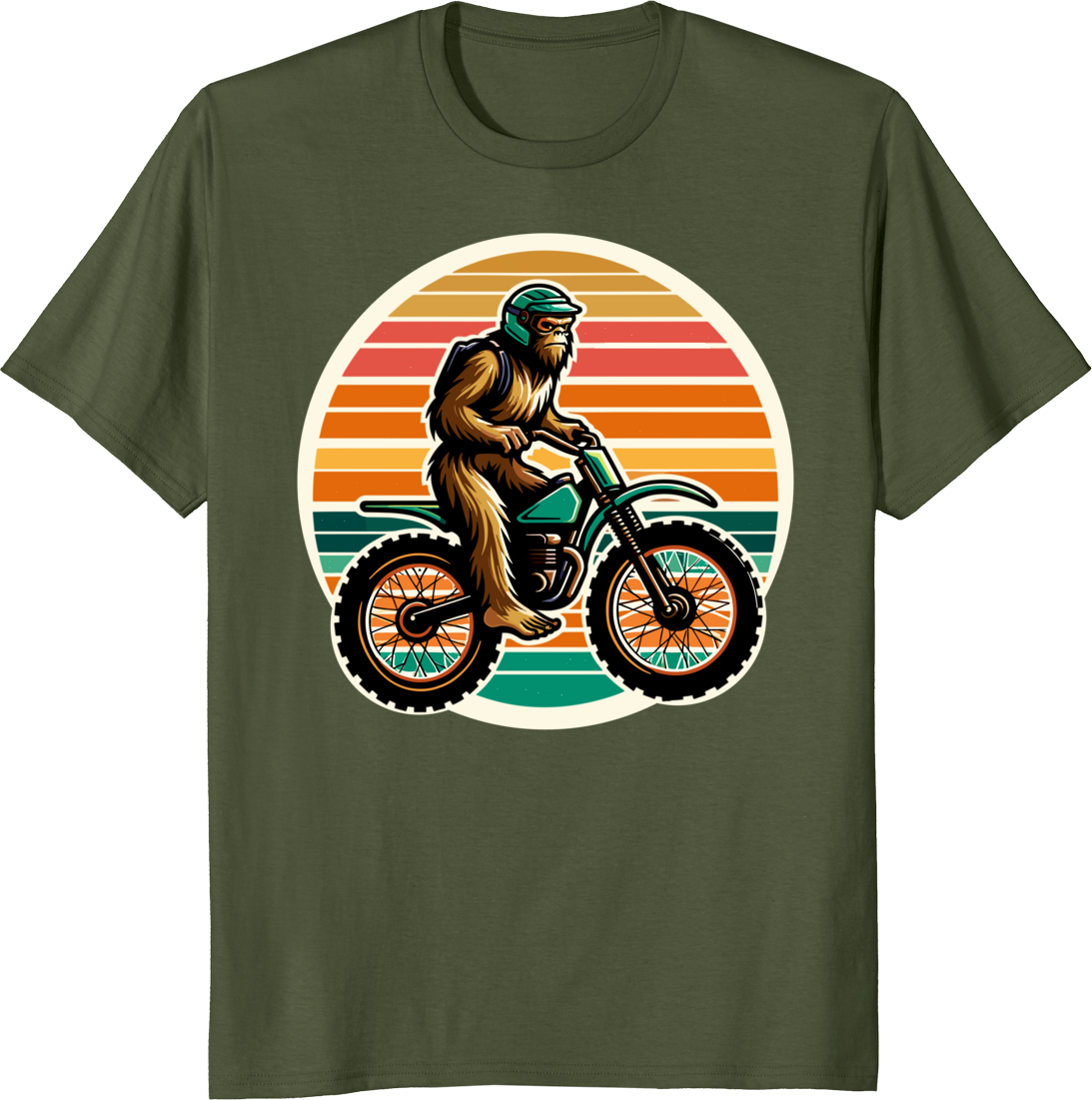 Bigfoot riding a dirtbike on a retro sunset background, printed on a T-shirt. - olive