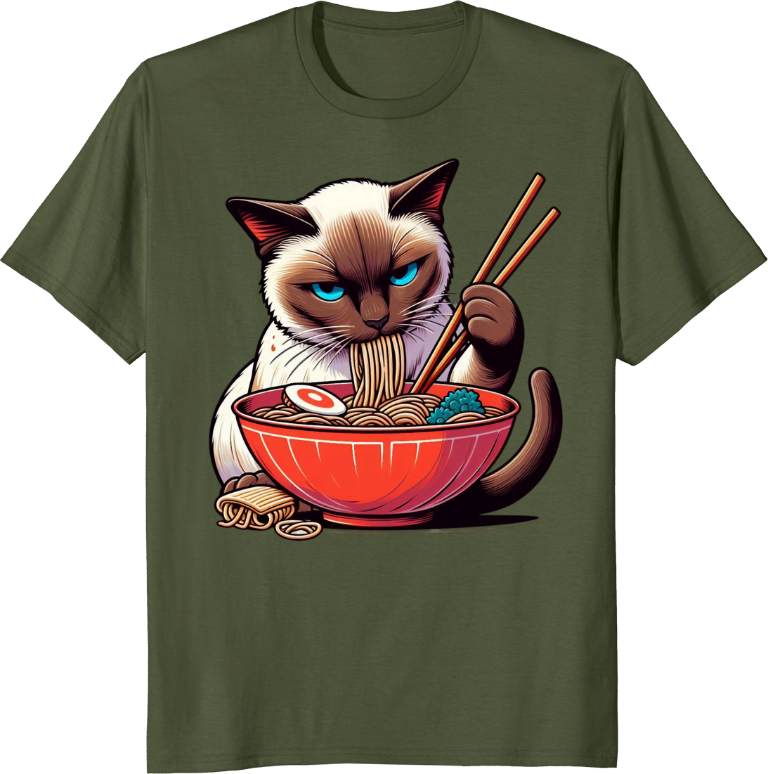 Funny cat eating ramen kawaii siamese cat anime graphic on a t-shirt - olive