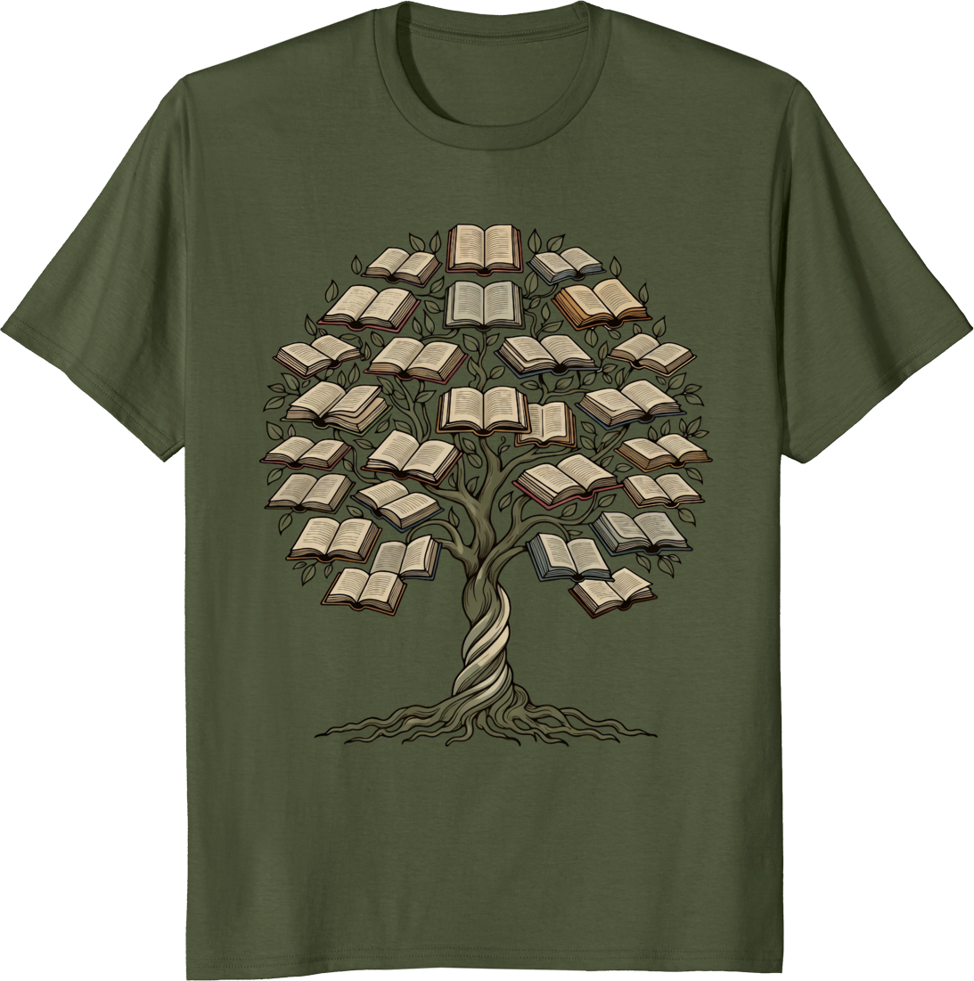 Book lover t-shirt featuring a tree growing from books on a soft cotton tee - olive