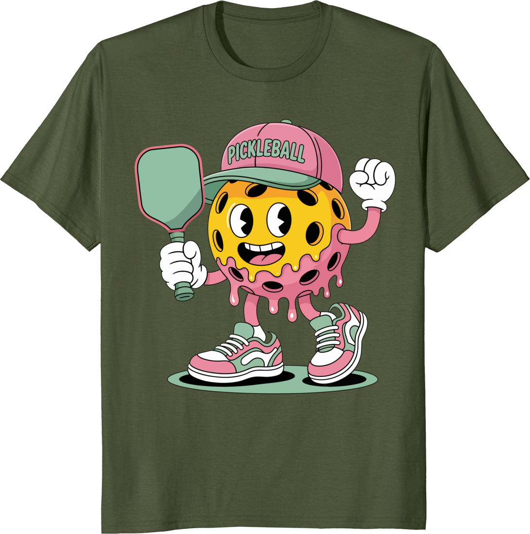 Funny pickleball ball ice cream with paddle retro cartoon T-shirt design - olive