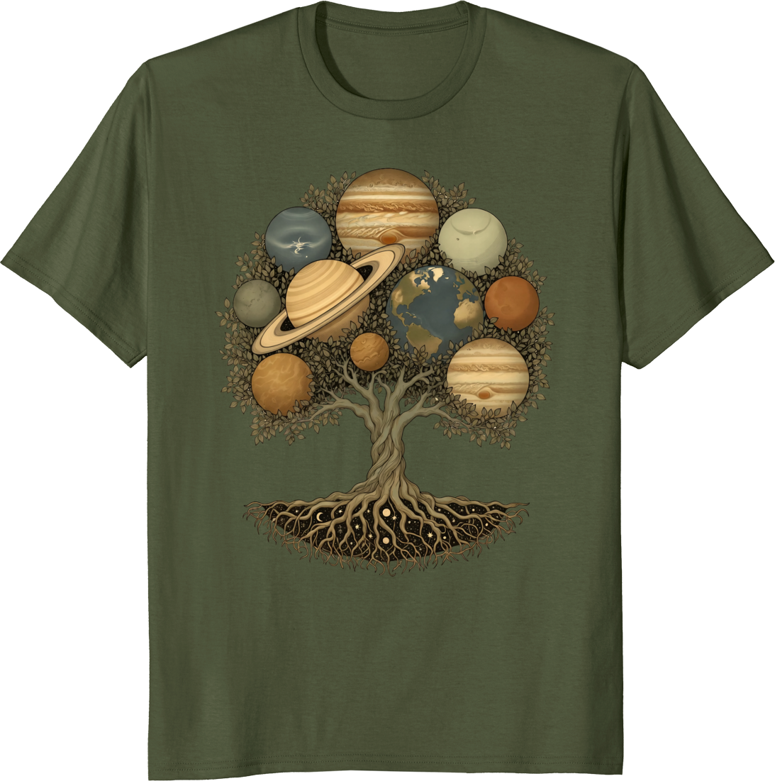 Vintage Celestial World Tree Solar System T-Shirt design featuring a tree with planets - olive