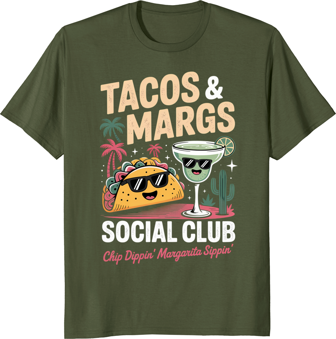 Cartoon taco and margarita character t-shirt design - olive
