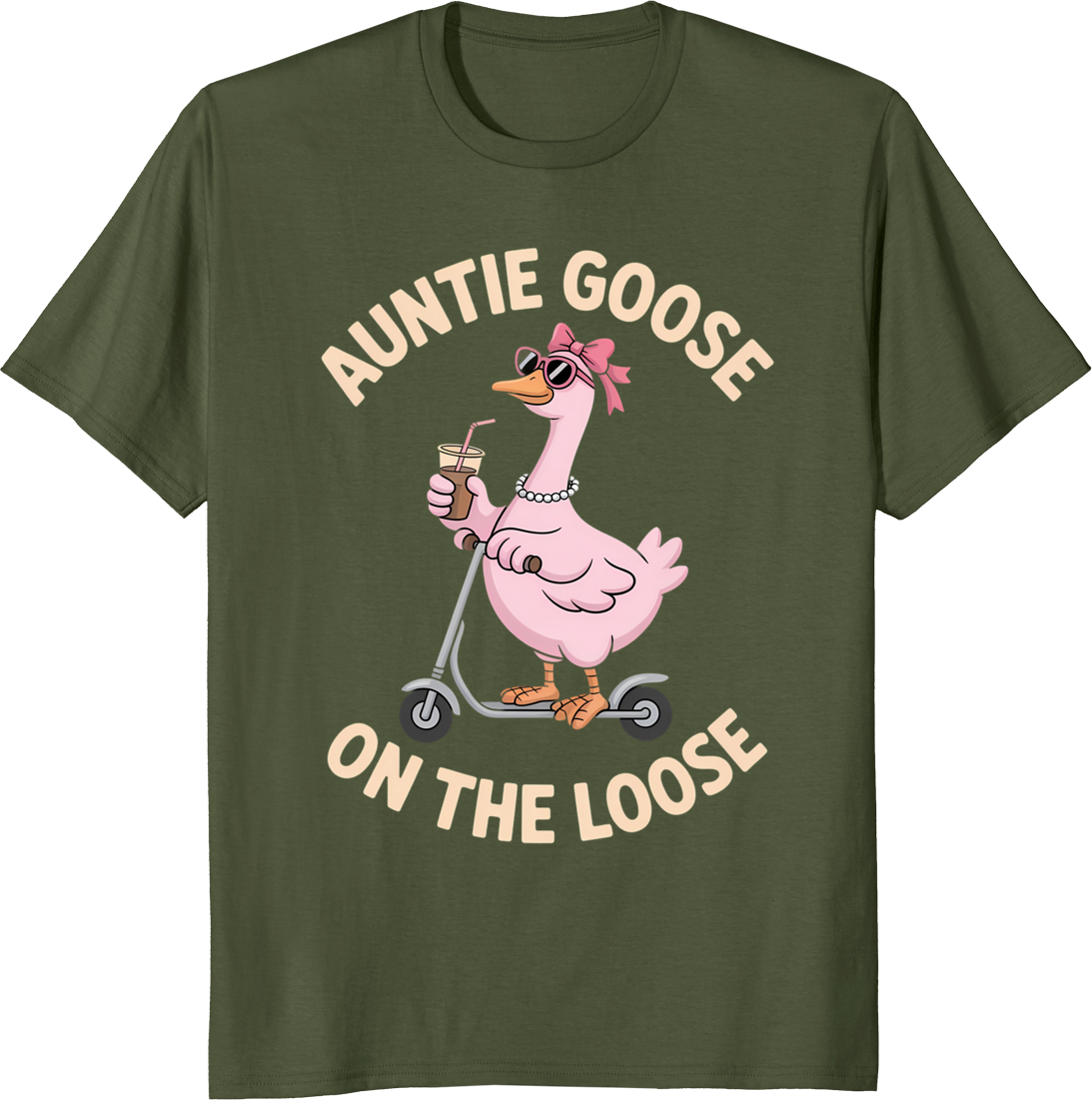 Cool Pink Auntie Goose riding a scooter on a t‑shirt - olive