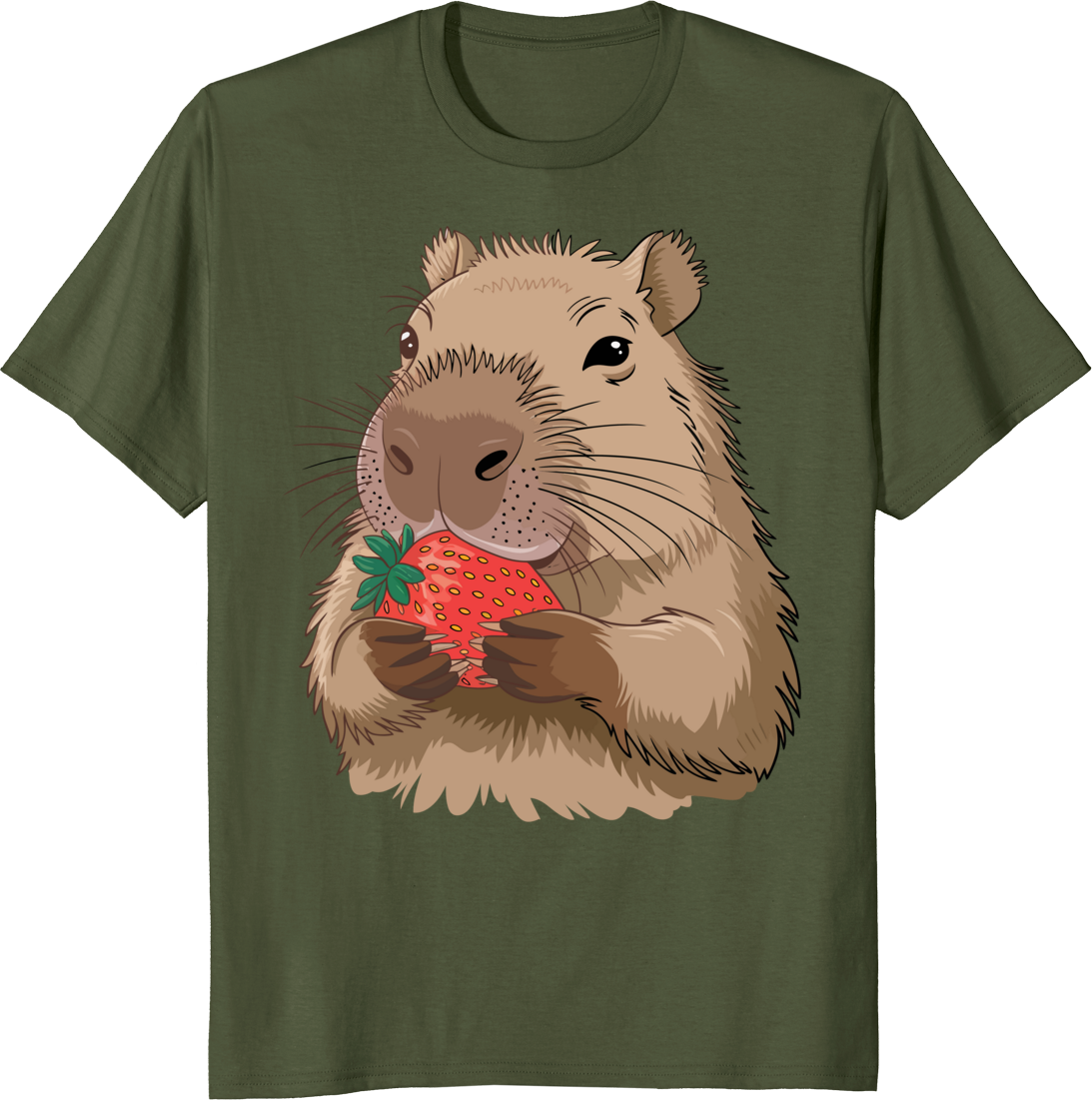 Capybara eating a strawberry on a t-shirt graphic. - olive