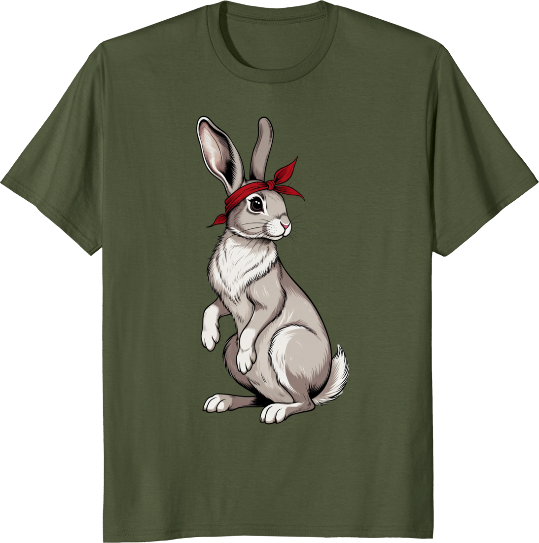 Funny rabbit wearing a red bow bandana on a t-shirt - olive