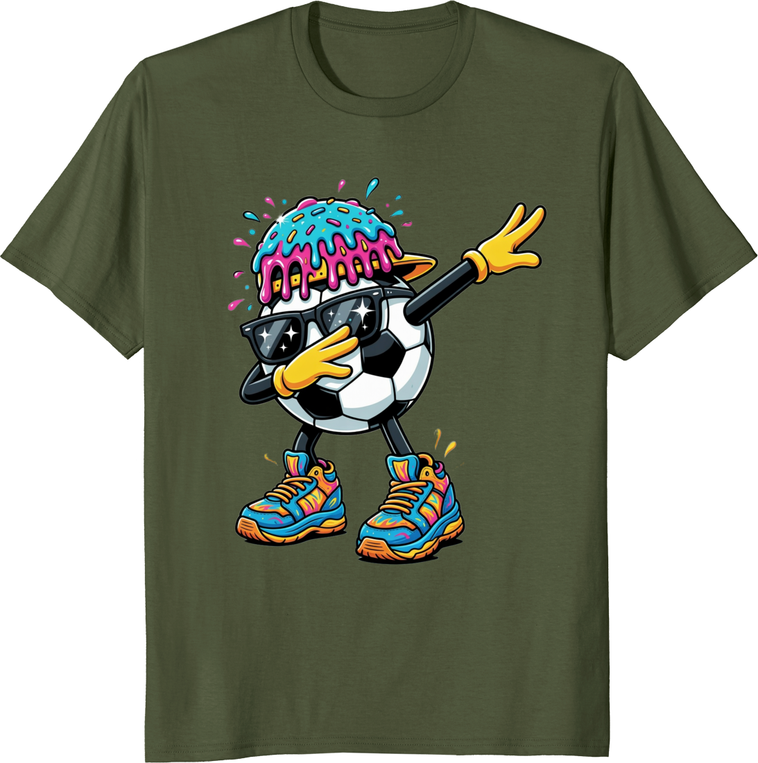 Funny soccer ball dabbing character wearing sunglasses on a t-shirt - olive
