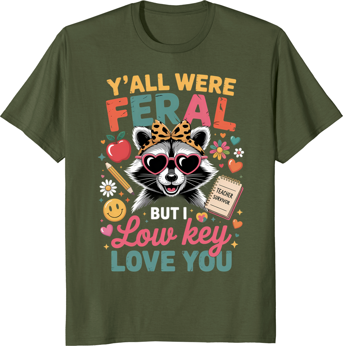 Raccoon Teacher T-Shirt with a raccoon wearing a teacher badge - olive
