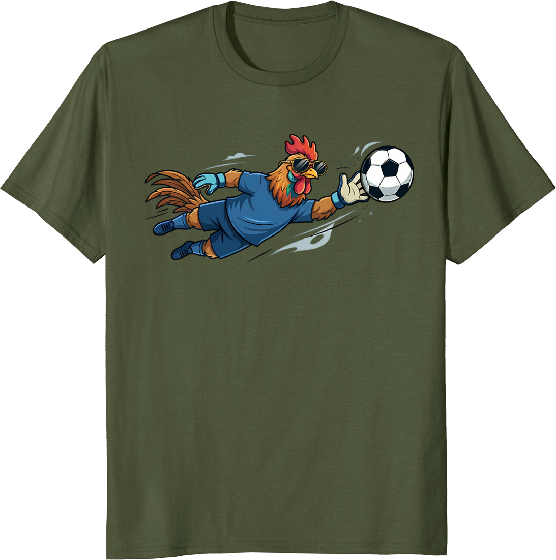 Funny rooster wearing sunglasses as a soccer goalkeeper t-shirt design. - olive