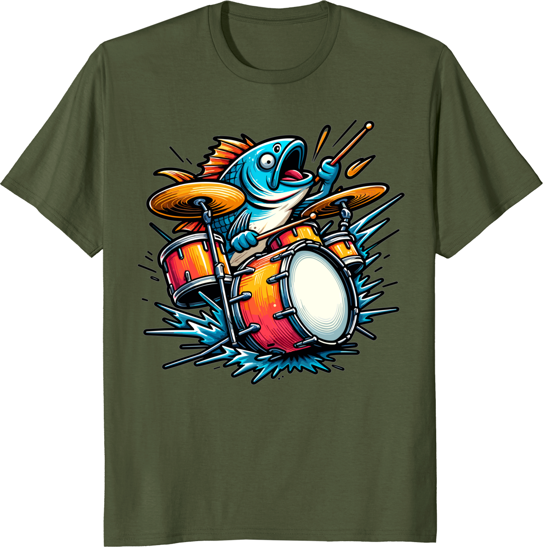 Cartoon fish playing drums on a t-shirt design - olive