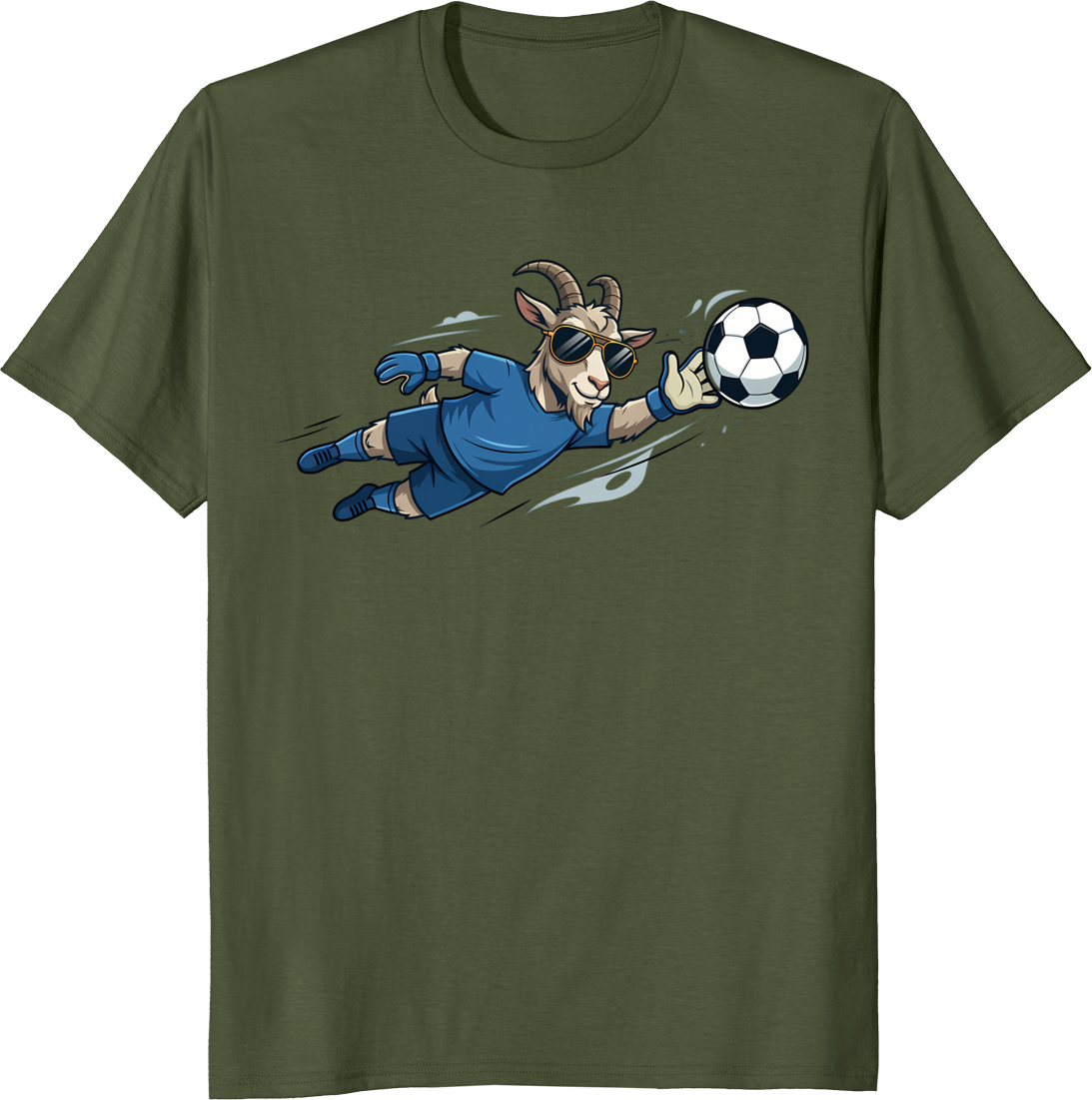 Cartoon goat wearing sunglasses playing soccer as a goalkeeper on a t-shirt - olive