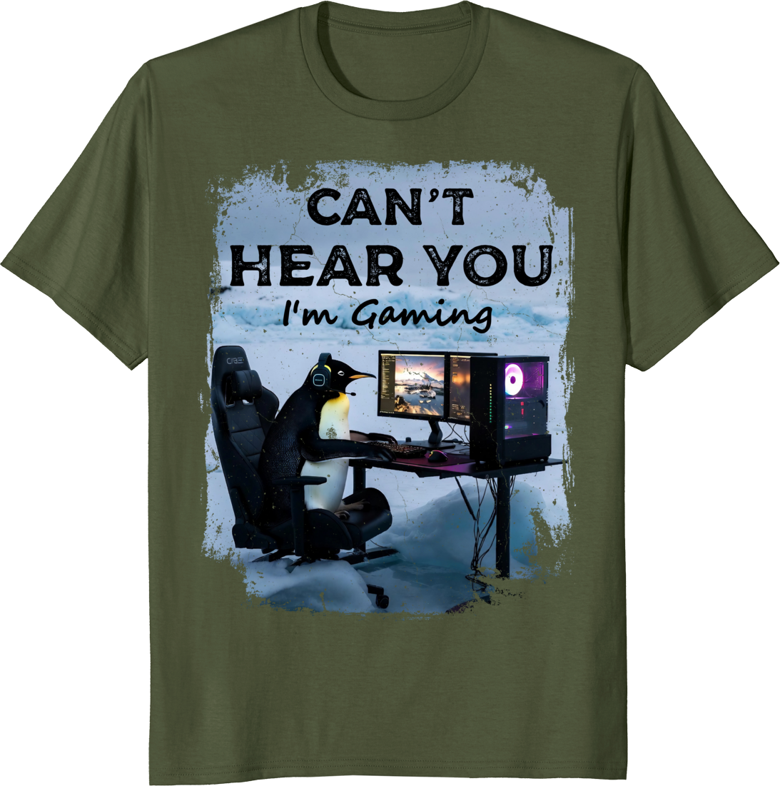 Unisex T‑shirt with a funny lone penguin gaming illustration on front. - olive