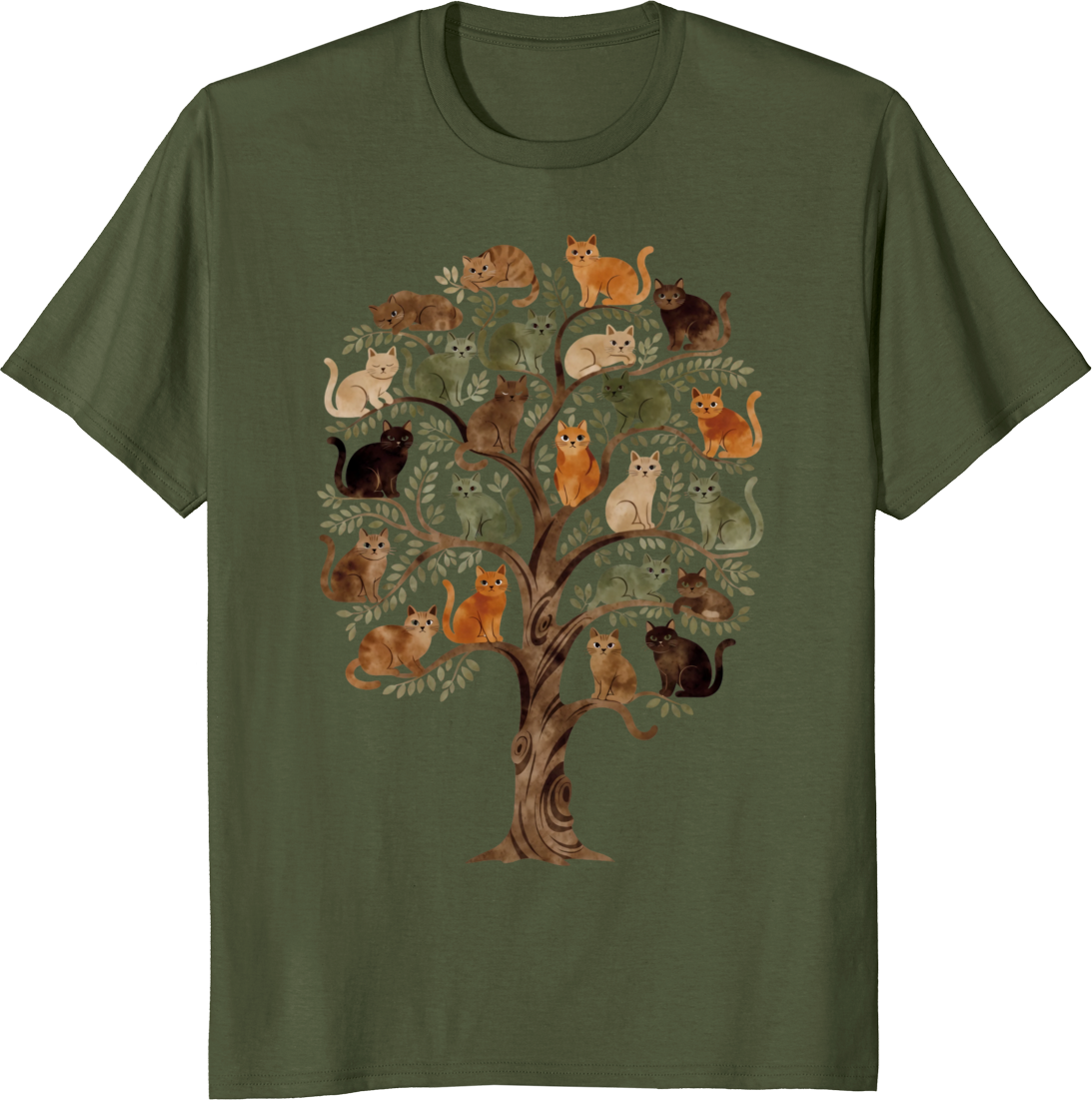 Cosmic cat perched on a world tree illustrated on a T‑shirt - olive