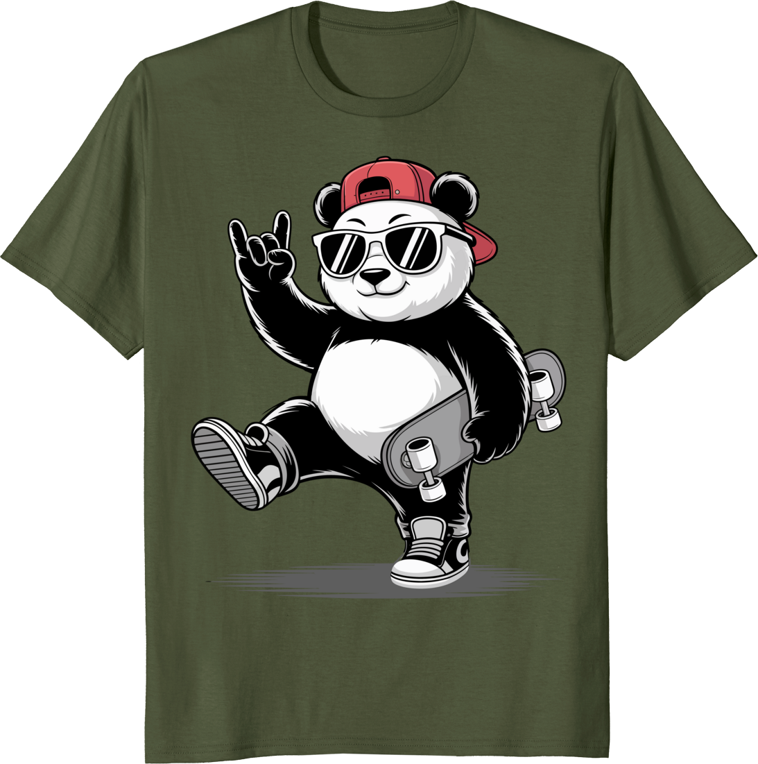 Funny panda skateboarding T-shirt with rock hand pose on a white tee - olive