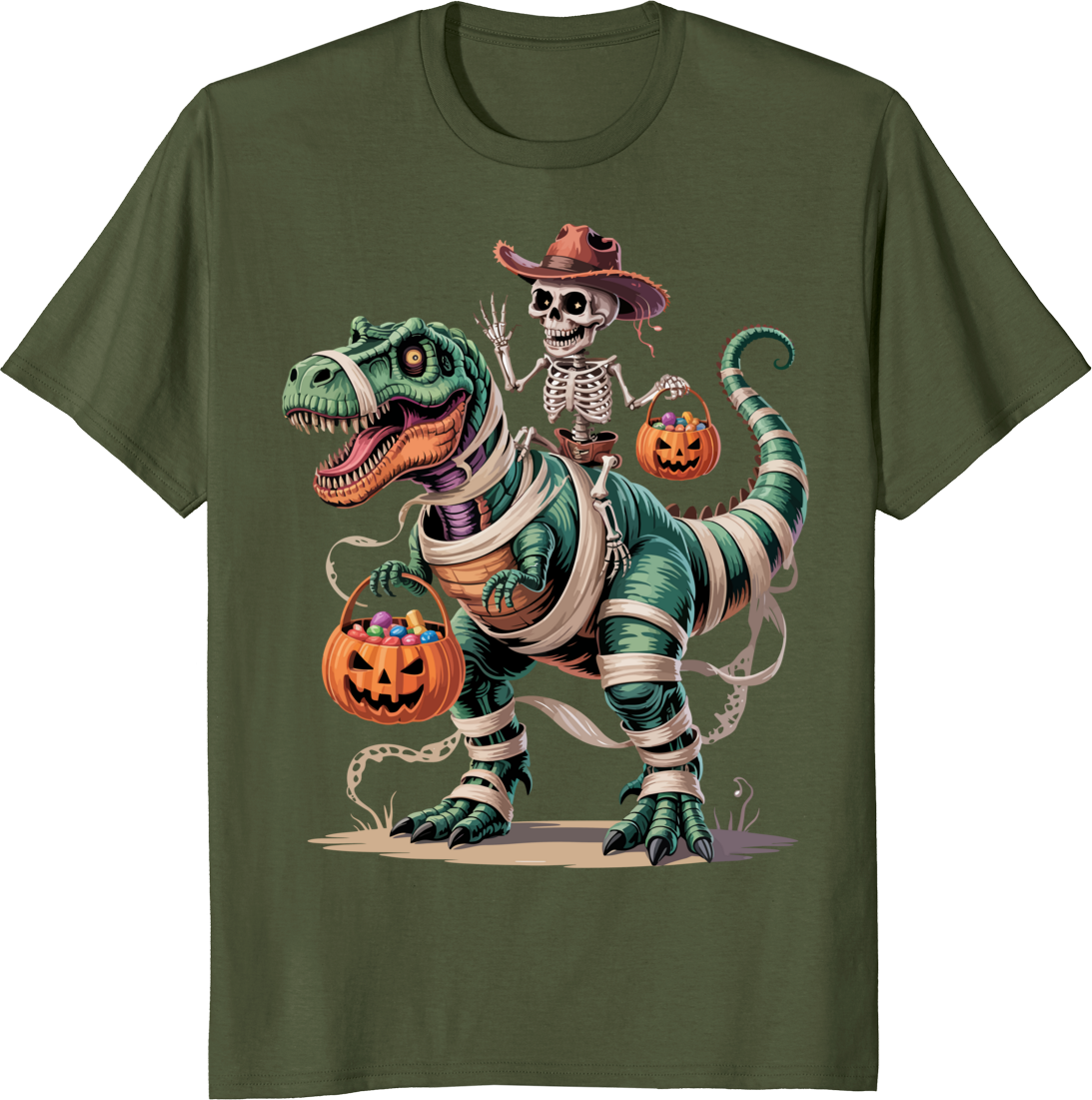 Cowboy skeleton riding a T‑Rex mummy dinosaur on a t‑shirt - olive