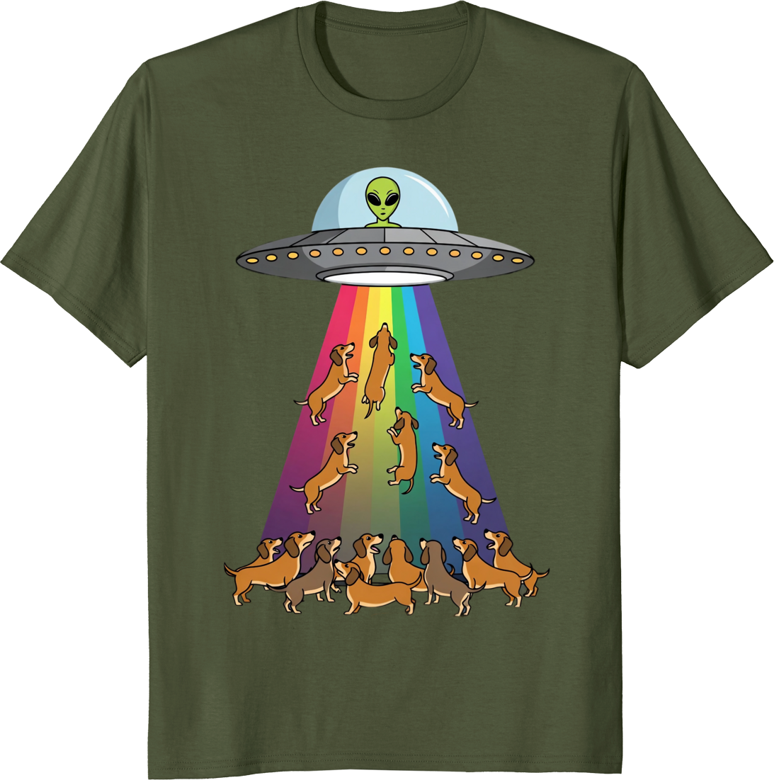 Funny dachshund with UFO rainbow graphic on a t-shirt - olive