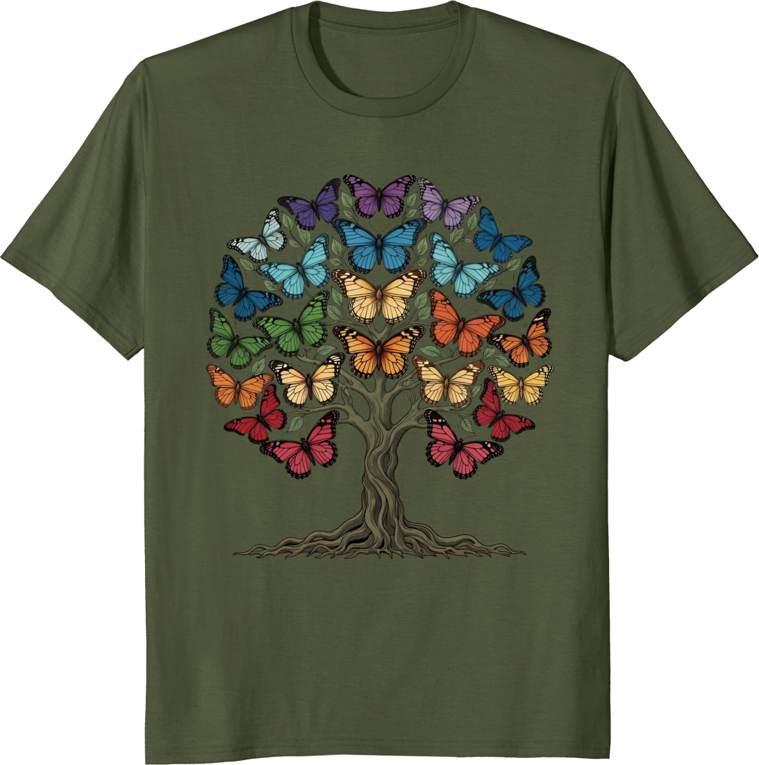 Mystical Monarch Tree with colorful butterfly wings graphic on a t-shirt - olive