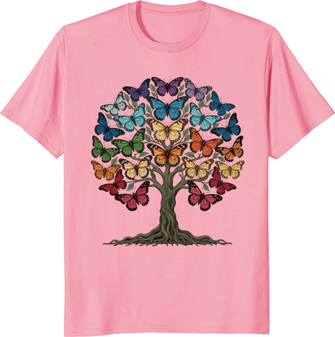 Mystical Monarch Tree with colorful butterfly wings graphic on a t-shirt - pink