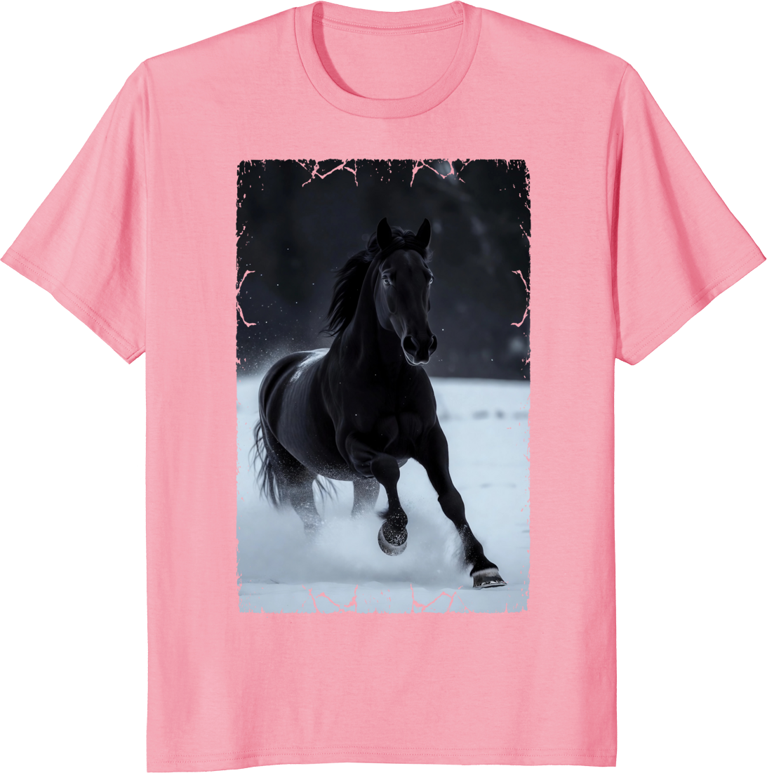 Black horse running through snowy landscape on a t-shirt print - pink