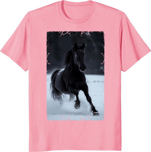 Black horse running through snowy landscape on a t-shirt print - pink