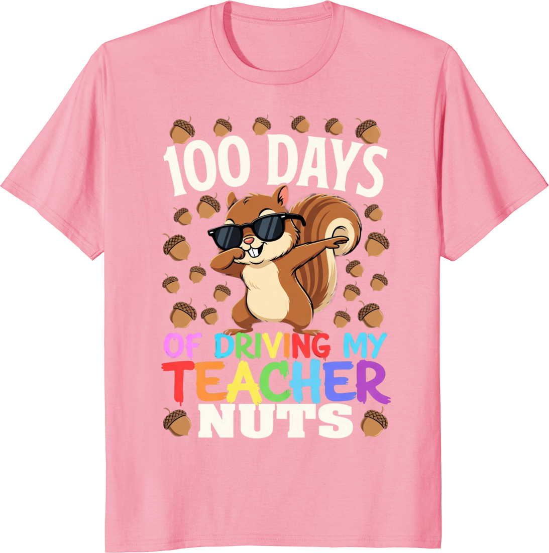 Squirrel cartoon driving a teacher with a school theme printed on a t-shirt - pink