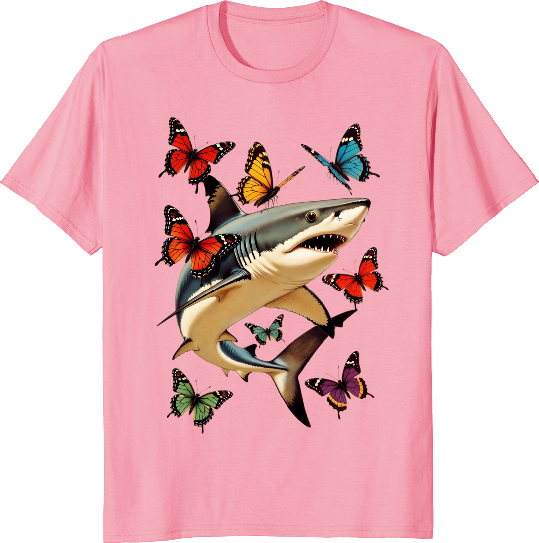 Funny shark with butterflies retro graphic t-shirt - pink