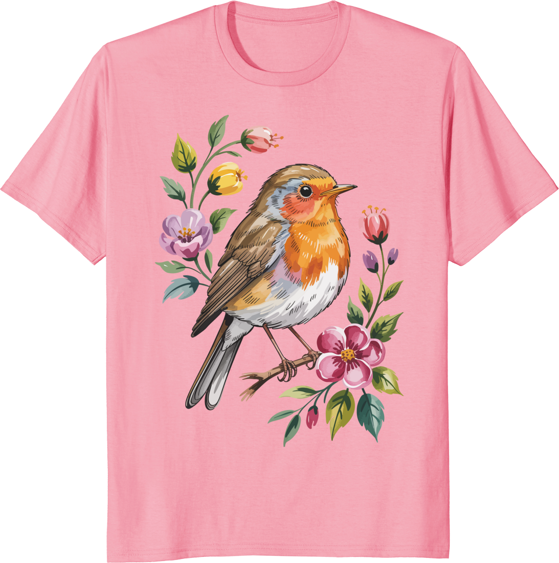 Cute robin bird with flowers graphic on a t-shirt - pink