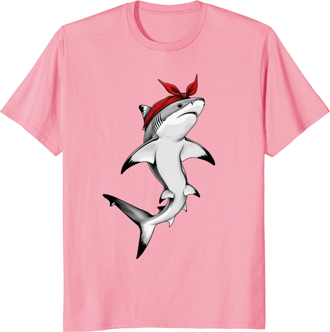 Shark wearing a red bow bandana on a T‑shirt - pink