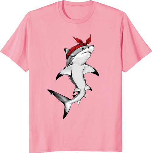 Shark wearing a red bow bandana on a T‑shirt - pink