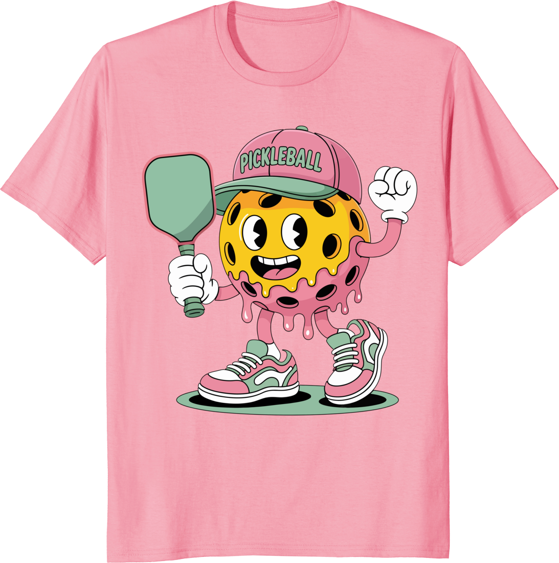 Funny pickleball ball ice cream with paddle retro cartoon T-shirt design - pink