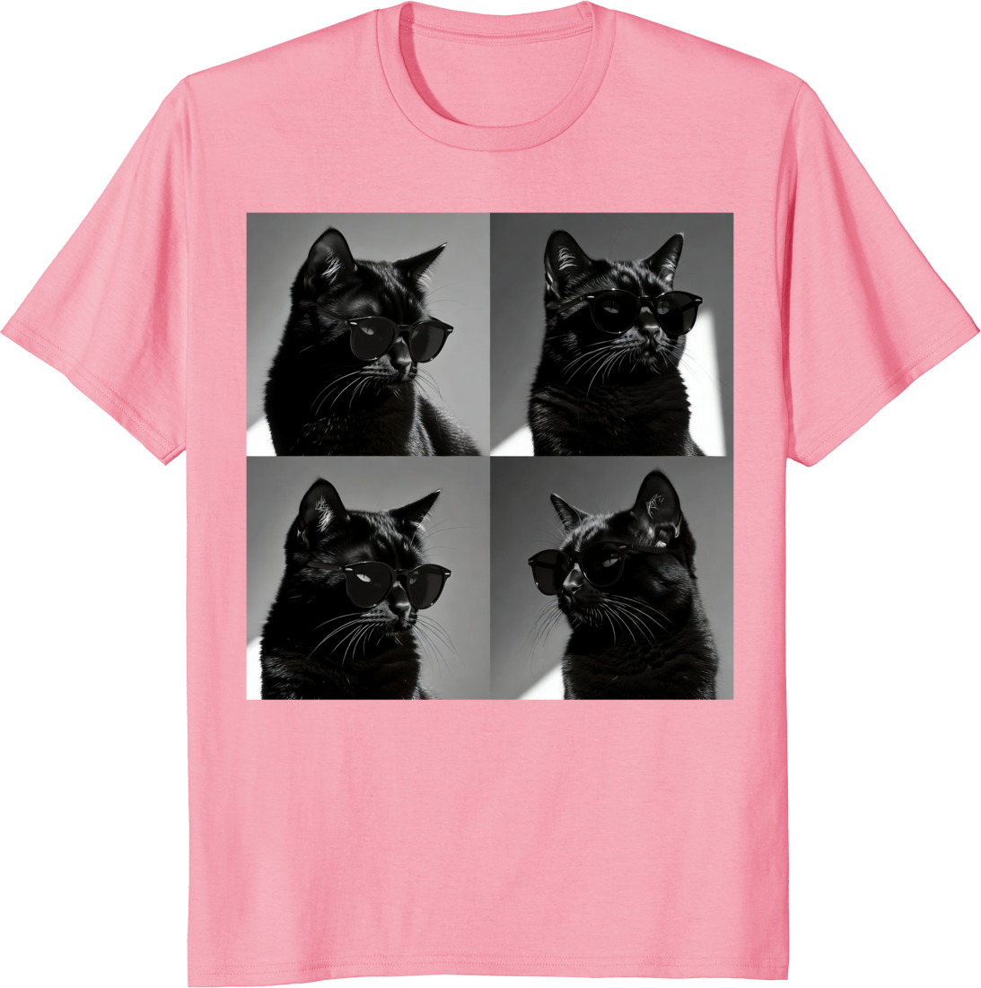 Funny black cat vintage photobooth selfie 4-panel art t-shirt design - pink