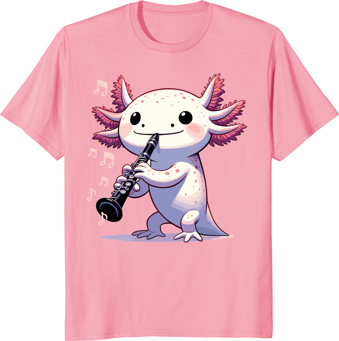 Cute pink kawaii axolotl playing clarinet t-shirt design - pink