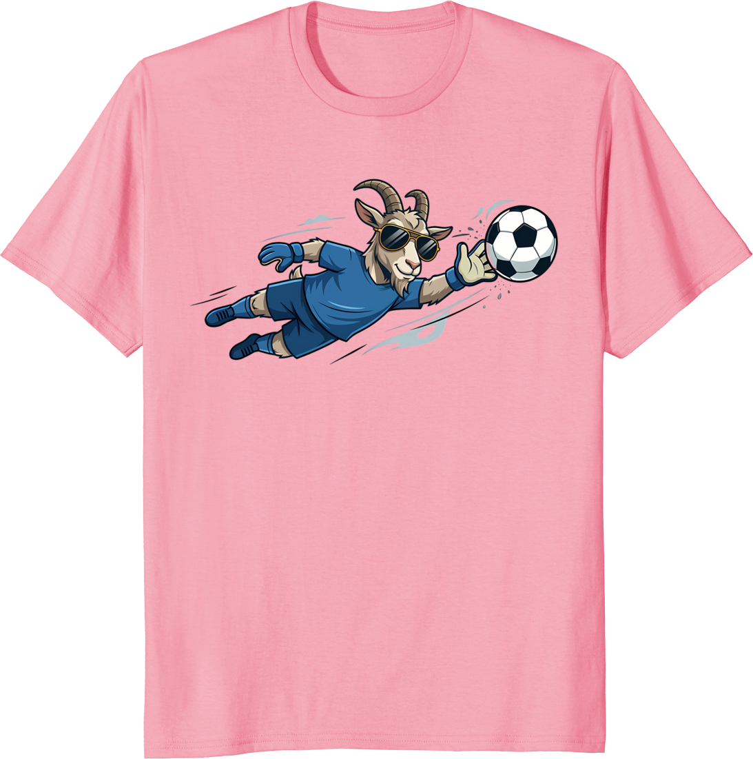 Cartoon goat wearing sunglasses playing soccer as a goalkeeper on a t-shirt - pink