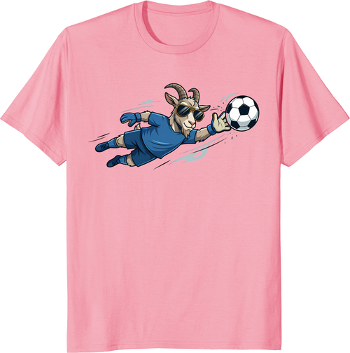Cartoon goat wearing sunglasses playing soccer as a goalkeeper on a t-shirt - pink