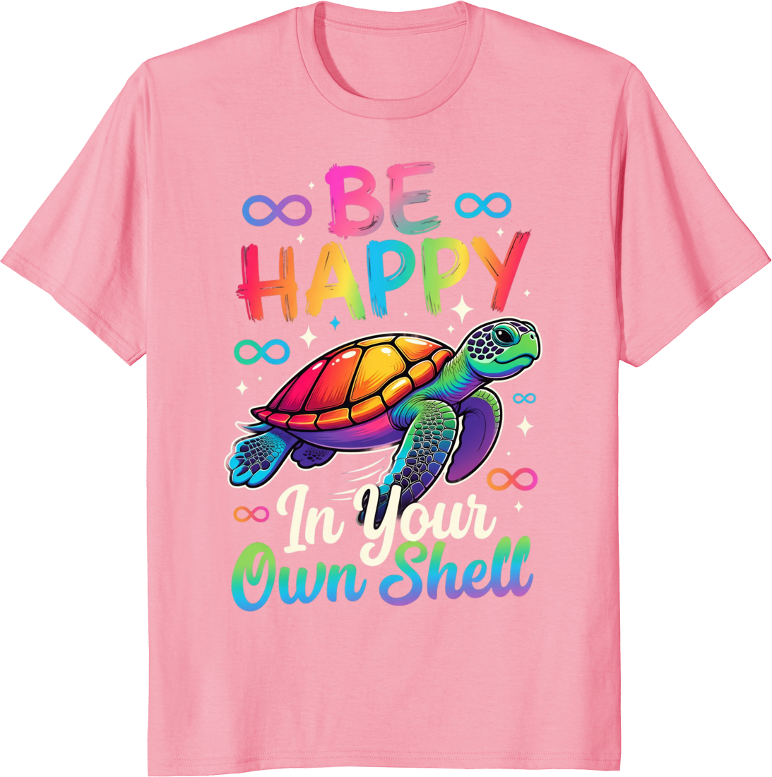 Rainbow autism awareness turtle graphic on a white t-shirt - pink