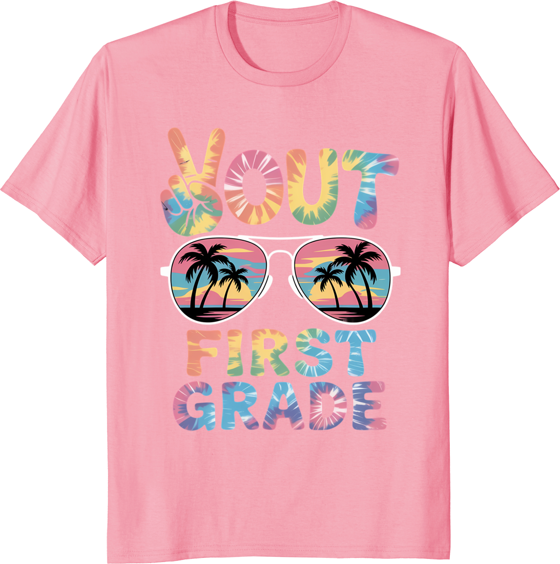 Retro tie‑dy t‑shirt design celebrating last day of first grade school - pink
